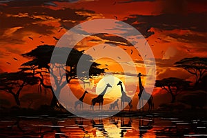 Sunset serenity a herd of giraffes in a tranquil transformation