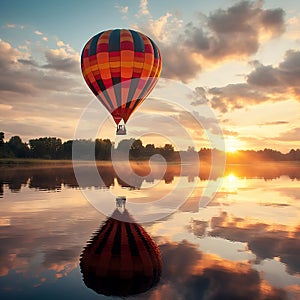 Sunset Serenity: Hot Air Balloon Floating Over a Tranquil Lake