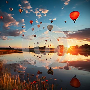 Sunset Serenity: Hot Air Balloon Floating Over a Tranquil Lake