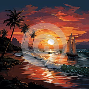 Sunset serenity, Palm-lined beach, yacht on horizon captured in tranquil vector illustration