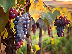 Sunset Serenity: Ripe Grapes in Tuscany\'s Enchanting Vineyards.