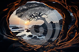Sunset Serenity Through Twisted Tree Frame