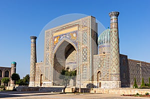 Sunset on Sher-Dor Madrasah in Registan square - Samarkand, Uzbekistan