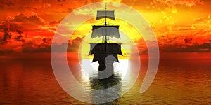 Sunset, ship on the background of the setting sun