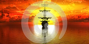 Sunset, ship on the background of the setting sun