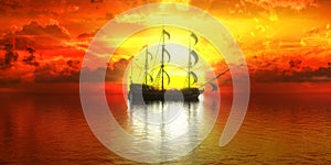 Sunset, ship on the background of the setting sun