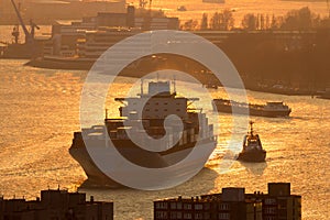 Sunset ship port Rotterdam