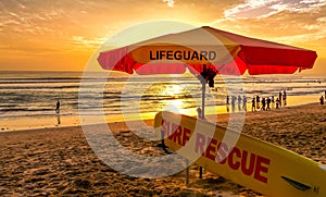 Sunset shot of a rescue board at kuta beach, bali