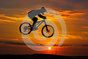 sunset silhouette of biker in midair jump