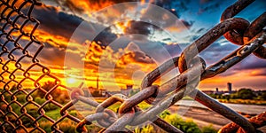Sunset Silhouette of a Broken ChainLink Fence A Visual Metaphor for Fragility Weakness and the Erosion of Security
