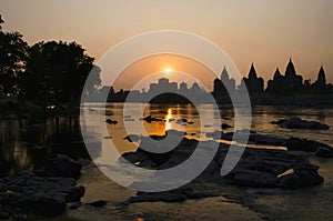 Sunset. silhouette of chatris on the bank of Betwa river at Orchha.Madhya Pradesh