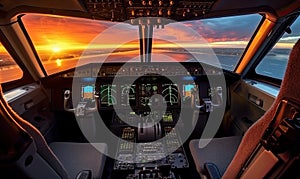 Sunset Silhouette: Cockpit View of Airplane in Mesmerizing Evening Sky