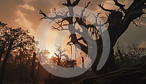 Sunset Silhouette of a Dead Tree in a Forest