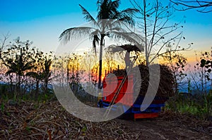 Sunset and silhouette of farmer loading truck