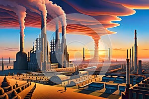 Sunset Silhouette of a Grand Industrial Complex with Generative AI