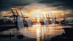 Sunset silhouette of industrial ship unloading cargo generated by AI