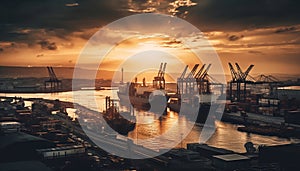 Sunset silhouette of industrial ship unloading cargo generated by AI