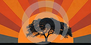 Sunset Silhouette Lone Tree Against Vibrant Rays