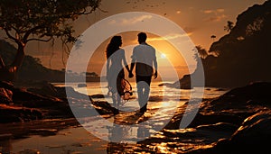 Sunset silhouette love, togetherness, relaxation, nature, beauty, romance, happiness, couple, vacation generated by AI