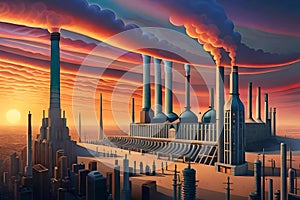 Sunset Silhouette of a Massive Factory Shrouded in Surreal Beauty with Generative AI