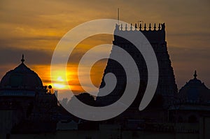 Sunset with silhouette of Sarangapani Temple, Kumbakonam, Tamil Nadu, India