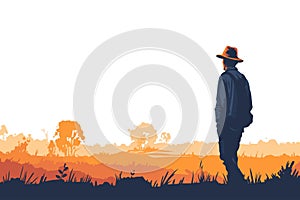 Sunset Silhouette of Worker in Field Hat outdoors isolated