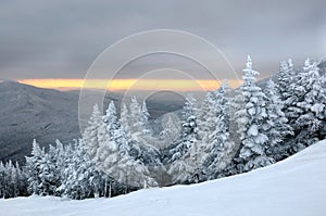 Sunset in ski resort mountains Stowe, VT