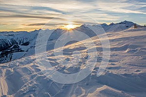 Sunset in ski resort Serfaus Fiss Ladis in Austria