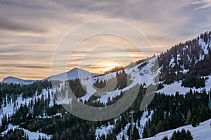 Sunset in ski resort Serfaus Fiss Ladis in Austria