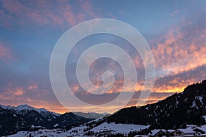 Sunset in ski resort Serfaus Fiss Ladis in Austria