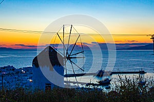Sunset sky above Aegean Sea Boni\'s Windmill Mykonos town Greece