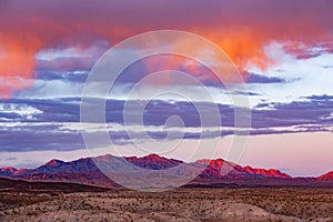 Sunset sky arid mojave desert landscape Nevada USA