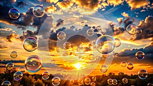 Sunset sky full of floating soap bubbles