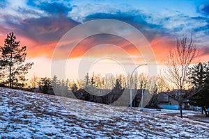 Sunset sky landscape at Oleskiw residential neighbourhood Edmonton, Alberta, Canada