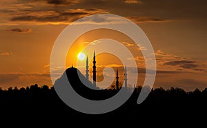 Sunset sky over Istanbul mosques. Turkey