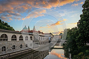 Sunset sky over the Ljubljanica River, Ljubljana, Slovenia.