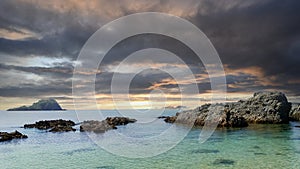 Sunset Sky over Sea Horizon in the Evening with colorful clouds Orange sunlight, Dusk Sky Background