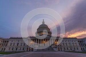 Sunset sky over the US Capitol building dome in Washington DC.