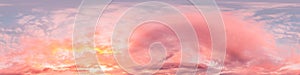 Sunset sky panorama with bright glowing pink Cirrus clouds. HDR 360 seamless spherical panorama. Full zenith or sky dome