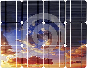 Sunset sky reflexion on the solar energy panel.