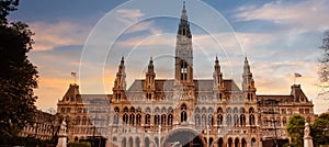 Sunset sky scene of the landmark of Vienna in a City hall and blue sky which Tall gothic building in Vienna, Austria