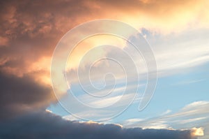 Sunset sky with texture of rare beautiful evening cumulus clouds