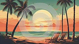 Sunset Sky on a Tropical Beach in Retro Illustration Background Created with Generative AI