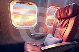 Sunset sky view from plane window in economy seat. Economy class airplane window. Inside of commercial airline. Seat with armchair