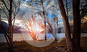 Sunset sky wakatipu lake queenstown new zealand