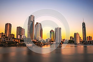 Sunset skyline of Gold Coast downtown in Queensland, Australia