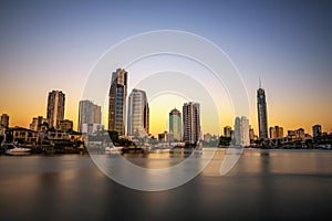 Sunset skyline of Gold Coast downtown in Queensland, Australia