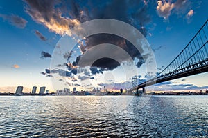 sunset skyline of philadelphia pennsylvania from camden new jersey with benjamin franklin bridge