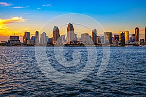 Sunset skyline of San Diego downtown viewed from Coronado Island