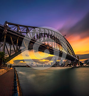 Sunset skyline of Sydney downtown with city lights and Harbour Bridge